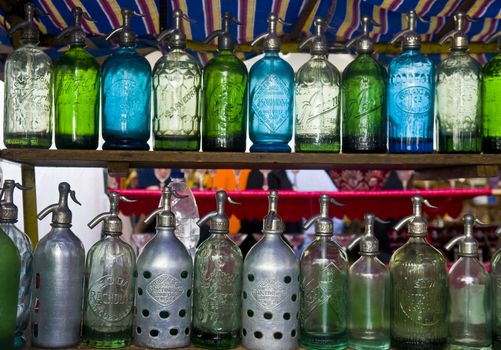 Close-up on an antique seltzer bottels in SanTelmo market in Buenos Aires Argentina