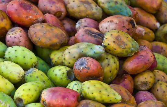 Close-up of opuntia cactus fruits in a market in Cusco Peru