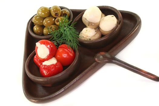 olives, stuffed peppers and mushrooms with cream cheese and dill