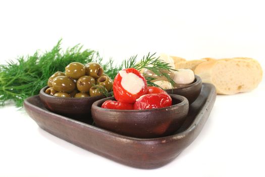 olives, stuffed peppers and mushrooms with cream cheese and dill