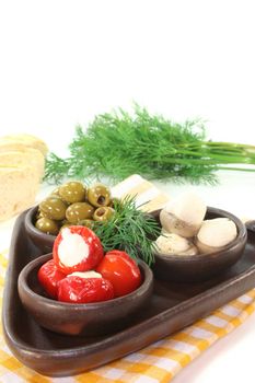 olives, stuffed peppers and mushrooms with cream cheese and dill