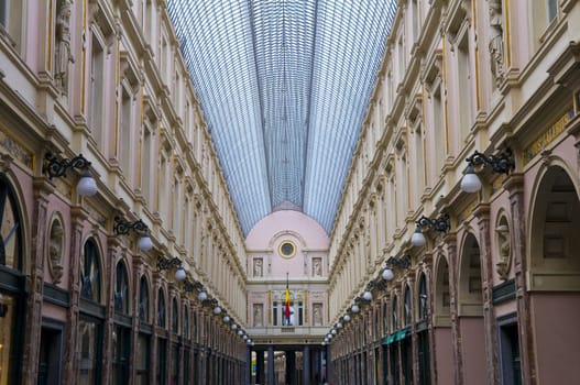 Ancient shopping center under glass roof in Brussels Belgium
