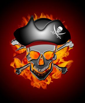 Pirate Skull Captain with Fire Flames Background Illustration