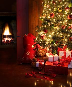 Christmas scene with tree  gifts and fire in background