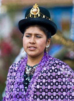 Cusco , Peru - May 25  : Portrait of Peruvian dancer with traditional clothes dancing in street in Cusco Peru on May 25 2011