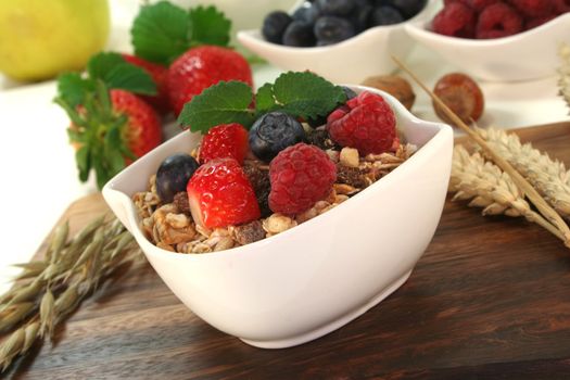 Cereal bowl of fresh fruit, nuts and milk before a white background