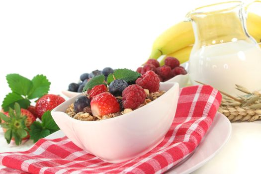 Cereal bowl of fresh fruit, nuts and milk before a white background