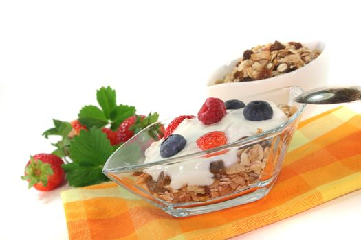 Cereal bowl with yogurt, fresh fruit, nuts and milk in front of white background