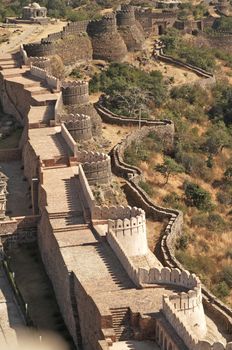 Massive ramparts of Kumbhalgarh Fort in Rajasthan, India.