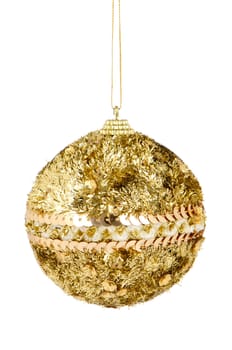 Big golden Christmas ball decoration isolated on white background.