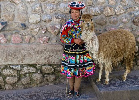 CUSCO , PERU - MAY 27 : Unidentified Peruvian girl in traditional colorful clothes holding alpaca in the street of  the " Unesco world heritage" city "Cusco" on May 27 2011