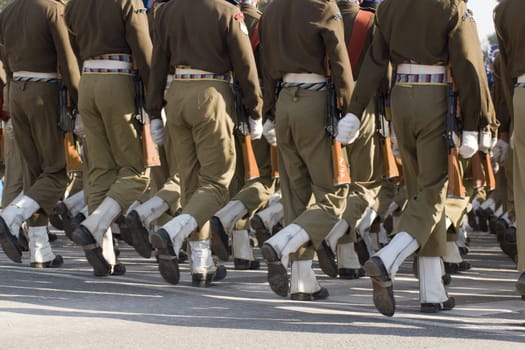 Soldiers of the Indian Army march down the Raj Path in preparation for the Republic Day Parade in New Delhi, India