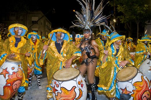 MONTEVIDEO,URUGUAY-FEBRUARY 5 2011: Candombe drummers in the Montevideo annual Carnaval ,  Candombe is a drum-based musical style of Uruguay. Candombe originated among the African population in Montevideo Uruguay