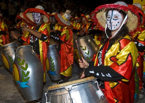 MONTEVIDEO,URUGUAY-FEBRUARY 5 2011: Candombe drummers in the Montevideo annual Carnaval ,  Candombe is a drum-based musical style of Uruguay. Candombe originated among the African population in Montevideo Uruguay