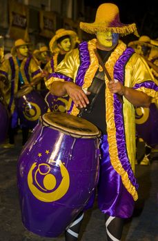 MONTEVIDEO,URUGUAY-FEBRUARY 5 2011: Candombe drummers in the Montevideo annual Carnaval ,  Candombe is a drum-based musical style of Uruguay. Candombe originated among the African population in Montevideo Uruguay