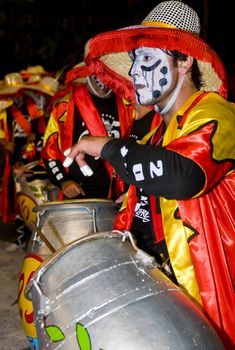 MONTEVIDEO,URUGUAY-FEBRUARY 5 2011: Candombe drummers in the Montevideo annual Carnaval ,  Candombe is a drum-based musical style of Uruguay. Candombe originated among the African population in Montevideo Uruguay
