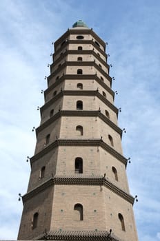 Bottom view of a historic pagoda in China against blue sky