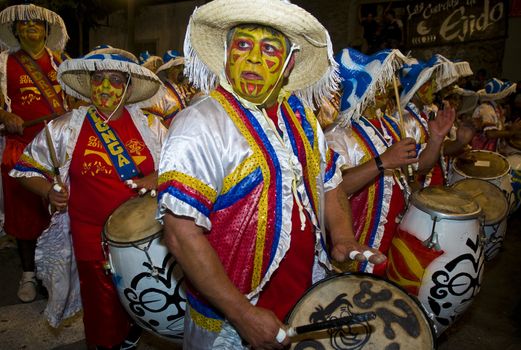 MONTEVIDEO,URUGUAY-FEBRUARY 5 2011: Candombe drummers in the Montevideo annual Carnaval ,  Candombe is a drum-based musical style of Uruguay. Candombe originated among the African population in Montevideo Uruguay