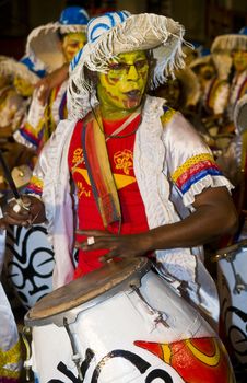 MONTEVIDEO,URUGUAY-FEBRUARY 5 2011: Candombe drummers in the Montevideo annual Carnaval ,  Candombe is a drum-based musical style of Uruguay. Candombe originated among the African population in Montevideo Uruguay