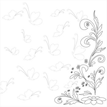 Abstract floral background with flowers and butterflies, contours