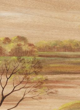 Picture, landscape, hand-draw, distemper painting on wood veneer anegry