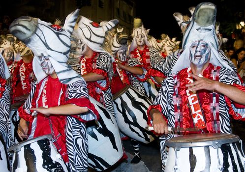 MONTEVIDEO,URUGUAY-FEBRUARY 5 2011: Candombe drummers in the Montevideo annual Carnaval ,  Candombe is a drum-based musical style of Uruguay. Candombe originated among the African population in Montevideo Uruguay