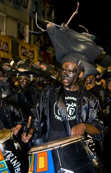 MONTEVIDEO,URUGUAY-FEBRUARY 5 2011: Candombe drummers in the Montevideo annual Carnaval ,  Candombe is a drum-based musical style of Uruguay. Candombe originated among the African population in Montevideo Uruguay