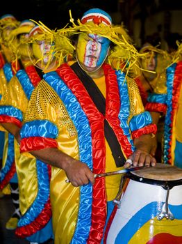 MONTEVIDEO,URUGUAY-FEBRUARY 5 2011: Candombe drummers in the Montevideo annual Carnaval ,  Candombe is a drum-based musical style of Uruguay. Candombe originated among the African population in Montevideo Uruguay