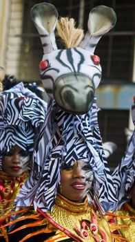 MONTEVIDEO, URUGUAY - FEBRUARY 05 2011 : A costumed carnaval participant in the annual national festival of Uruguay ,held in Montevideo Uruguay on February 05 2011 