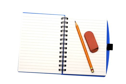 Notebook pencil and eraser isolated on a white background