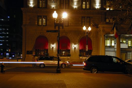 A busy down town during night lights