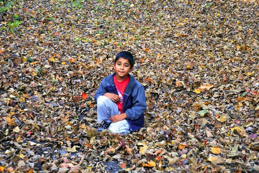 an handsome indian kid enjoying himself sitting on the fallen foliage