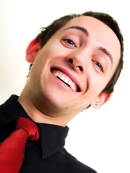 Young businessman smiling, on a white background