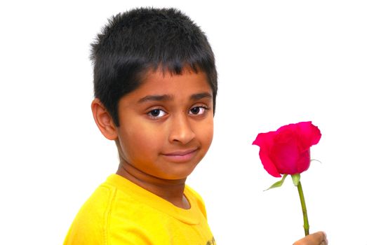 Happy Indian kid holding a rose for valentine