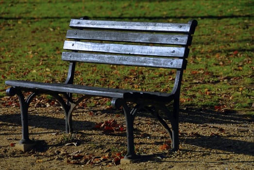 A lonely park bench during autumn sunset