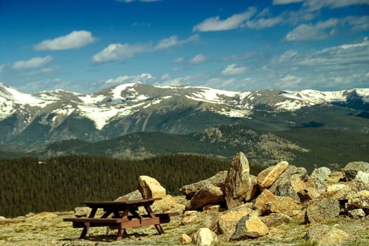 An Alpine Picnic area along the Mount Evans Wilderness in Colorado showcasing the Alpine Tundra and Rocky Mountains