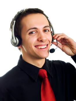 Young man calling with a haeadset and smiling