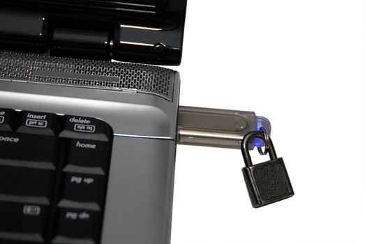 Laptop UBS Drive and a padlock concept of data security