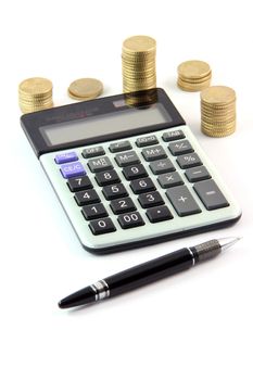 calculator pen and money isolated on white background business and finance concepts