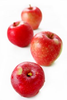 Four apples lined up on a white background.  Selective focus and shallow depth of field used.