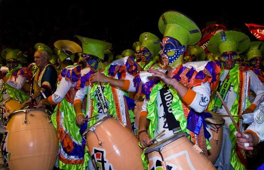 MONTEVIDEO,URUGUAY-FEBRUARY 5 2011: Candombe drummers in the Montevideo annual Carnaval ,  Candombe is a drum-based musical style of Uruguay. Candombe originated among the African population in Montevideo Uruguay