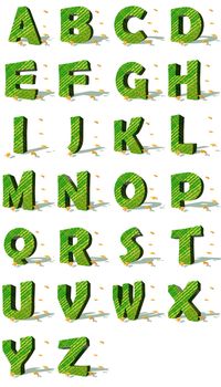 Set of green ecological capital letters surrounded by few autumn falling leaves in a white background with shadows