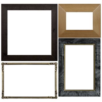 Four antique picture frames isolated on white background.