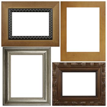 Four antique picture frames isolated on white background.