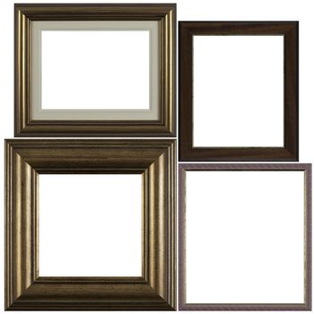 Four antique picture frames isolated on white background.