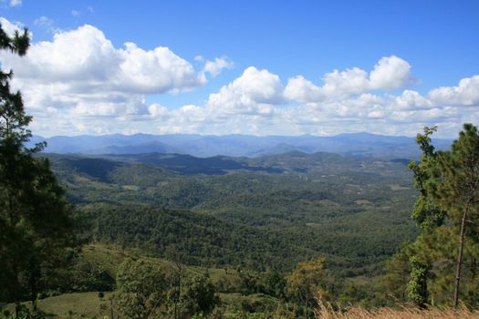 Mountain valley on blue sky