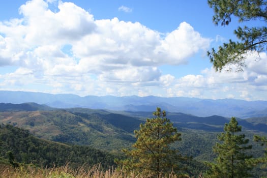 Mountain valley on blue sky