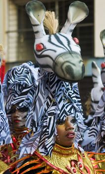 MONTEVIDEO, URUGUAY - FEBRUARY 05 2011 : A costumed carnaval participants in the annual national festival of Uruguay ,held in Montevideo Uruguay on February 05 2011 