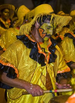 MONTEVIDEO,URUGUAY-FEBRUARY 5 2011: Candombe drummers in the Montevideo annual Carnaval ,  Candombe is a drum-based musical style of Uruguay. Candombe originated among the African population in Montevideo Uruguay