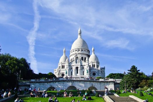 View of the Basilica of the Sacred Heart of Paris from below